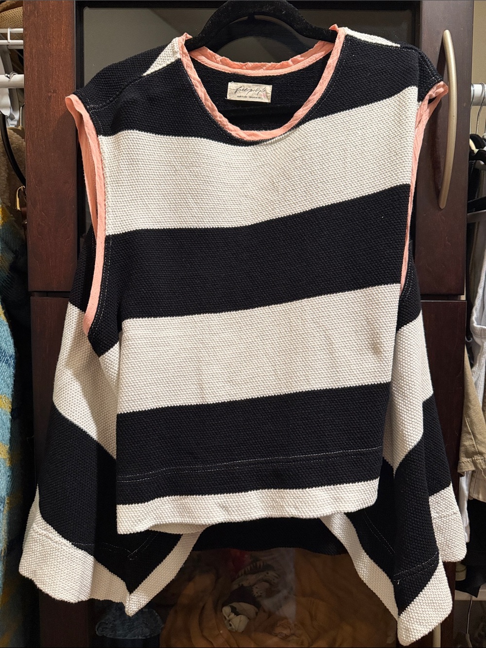 Free People Black, White & Pink Trim Striped Sleeveless Knit Top
